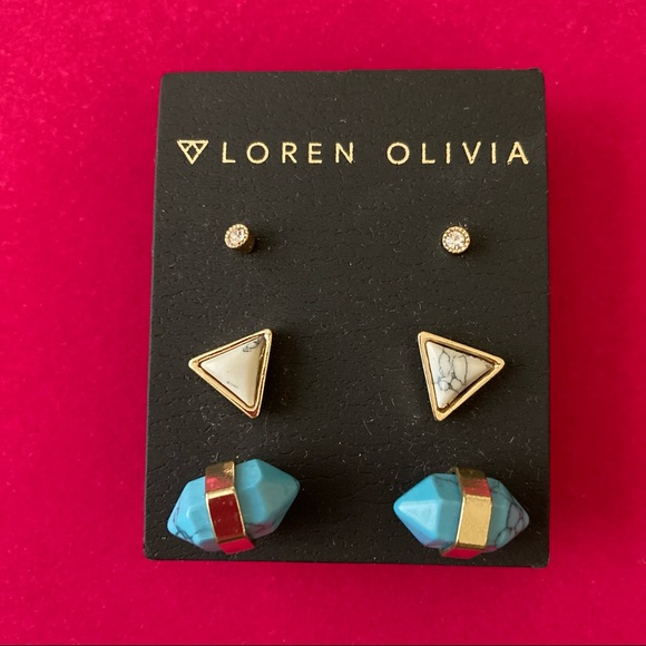 Loren Olivia Jewelry - Loren Olivia Earrings | Three Pairs | Gold Tone & Stone Turquoise Tone